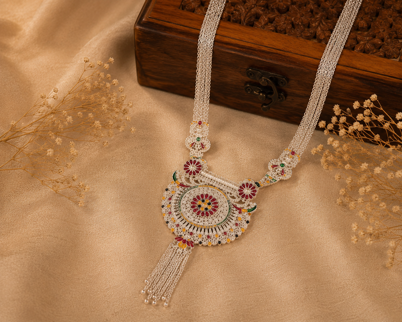Traditional Silver Look Meenakari Circular Pendant Necklace