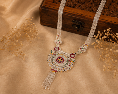 Traditional Silver Look Meenakari Circular Pendant Necklace