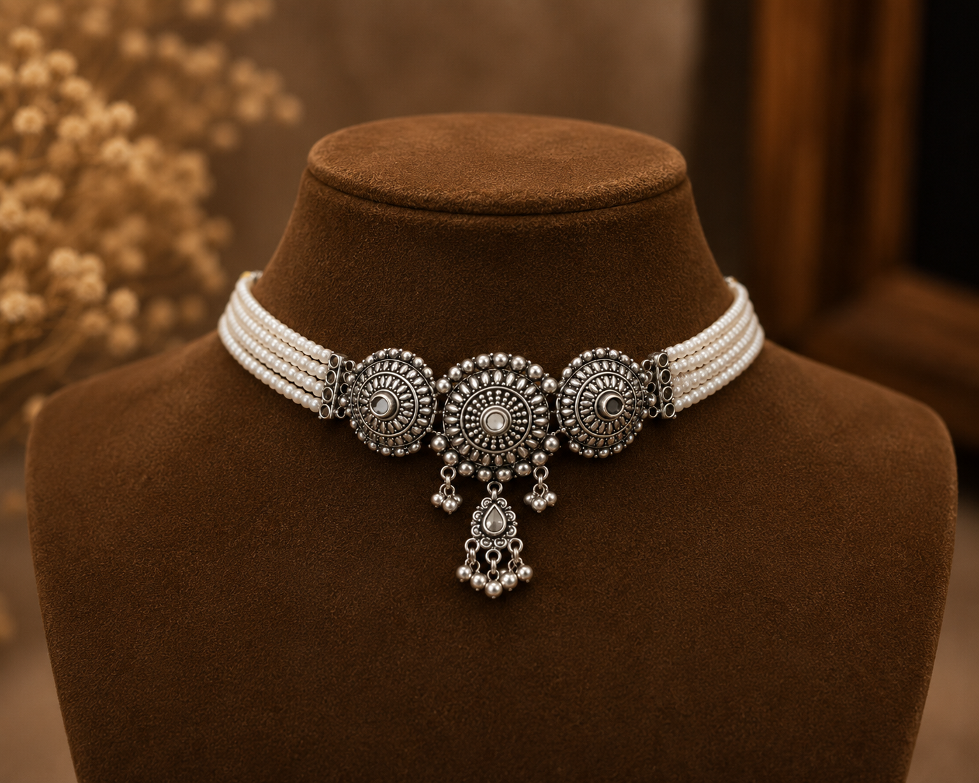 Oxidised Silver Pearl Beaded Choker Set