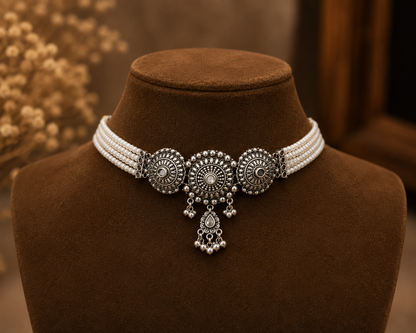 Oxidised Silver Pearl Beaded Choker Set